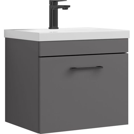 Millwich 1 Drawer Wall Hung Vanity Basin Unit - 500mm - Gloss Grey with Square Black D-shaped handle (Tap Not Included) - Balterley (1/4)