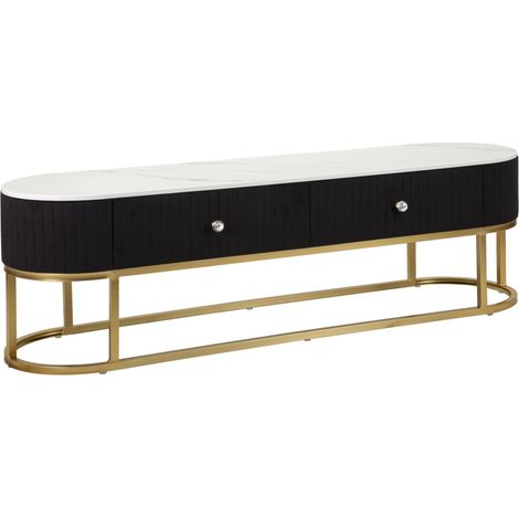Meuble TV 2 Tiroirs Effet Marbre "Montpellier" 150cm Noir & Or