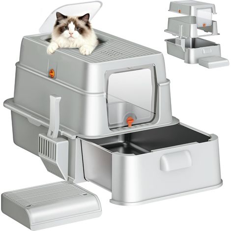 1 Bac À Litière Chat Acier Inoxydable, XXL Fermée Avec Tiroir Et Couvercle, Double Entrée, Contrôle Odeurs, Pour Grand Chat