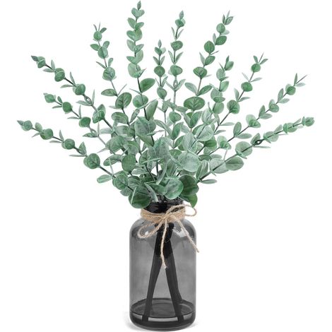 Plantes artificielles de 36,8 cm dans un vase en verre noir avec tiges d'eucalyptus artificielles artificielles pour décoration de table, salle de bain, étagère de bureau, décoration de ferme (1/5)