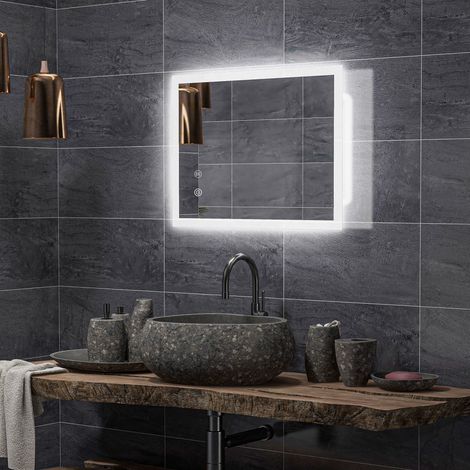 LED-beleuchteter Wandspiegel fürs Badezimmer, 70 x 50 cm, 3 Farben, Helligkeit einstellbar, Touch-Schalter, transparent