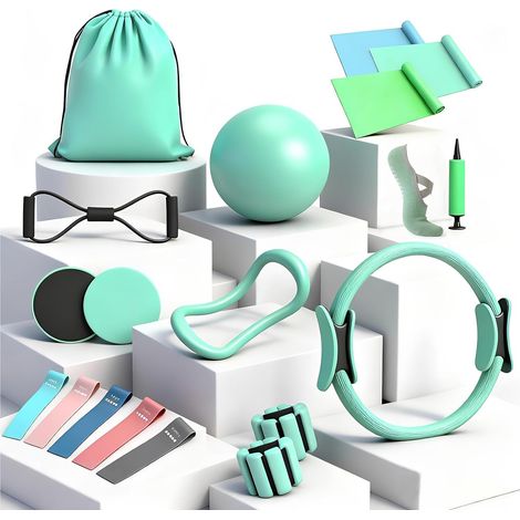 Kit Pilates Maison Complet, Anneau de Pilate 14 Pouces, Ballon Pilate, Poids Poignet et Poids Cheville réglables, Bande Élastique Musculation pour Jambe et Traction, Accessoires pour Femme (1/5)