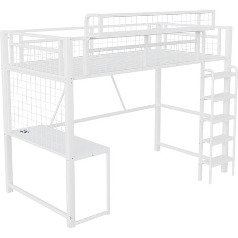 Cama alta metálica 90 x 200 cm con escritorio, LED y enchufe, blanca (1/5)