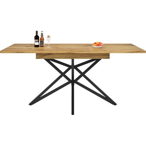 CAIziTable à manger extensible 120 (160) x 80 cm, table de cuisine extensible, table de petit-déjeuner, pieds de table en étoile, pieds en fer noir, plateau en bois de noyer/imitation marbre