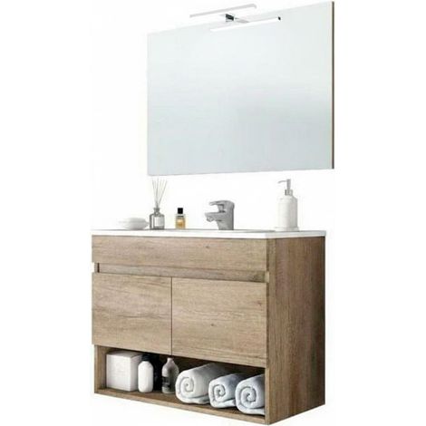 Mobiletto Bagno Sospeso Mobile Legno Con 2 Ante Ripiani e Vani Aperti Lavabo In Ceramica Con Specchio E Led Design Moderno Nordico La Brea 80 x 45 x 64 Cm Rovere - Set: Mobile Lavabo Specchio e Led da