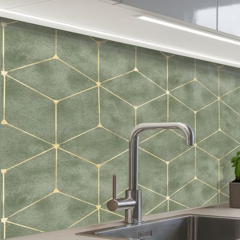 REVETEMENT MURAL DE CUISINE, CRÉDENCE DE CUISINE Subtil - Géométrique - Or - Vert 80x60 cm