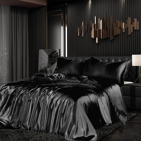 Bettwäsche Set Satin 220x240cm 3tlg Schwarz Glänzend mit Reißverschluss