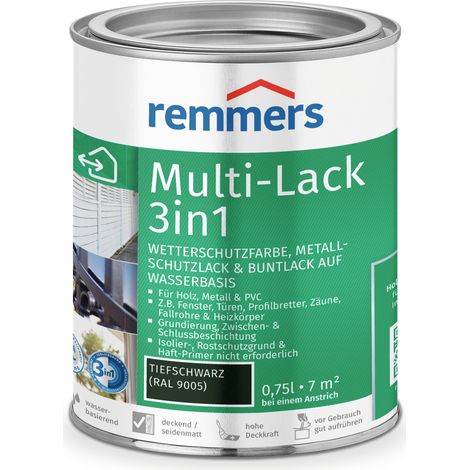 Remmers Multi-Lack 3in1 tiefschwarz (RAL 9005), 0,75 Liter, Wetterschutzfarbe, Metallschutzlack & Buntlack auf Wasserbasis für Holz, Metall & PVC
