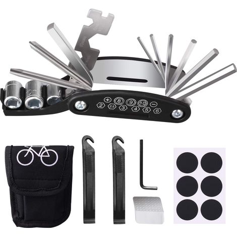 Trousse d'outils de vélo, 16 en 1 Ensemble Outils Réparer pour Vélos Réparation, Kit Réparation Vélo Pneu Outil Multifonctions pour Bicyclette Trotinette Moto, avec Patch et Leviers de Pneu (1/5)