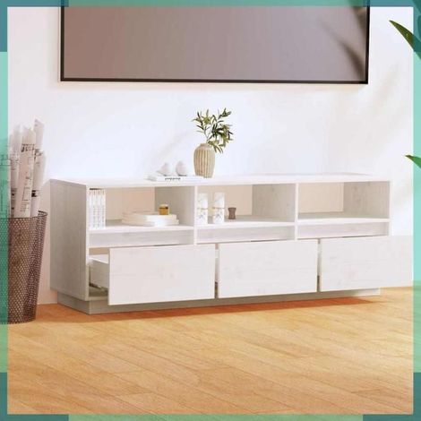 813431 Meuble TV Blanc 140x37x50 cm Bois de pin massif (1/5)