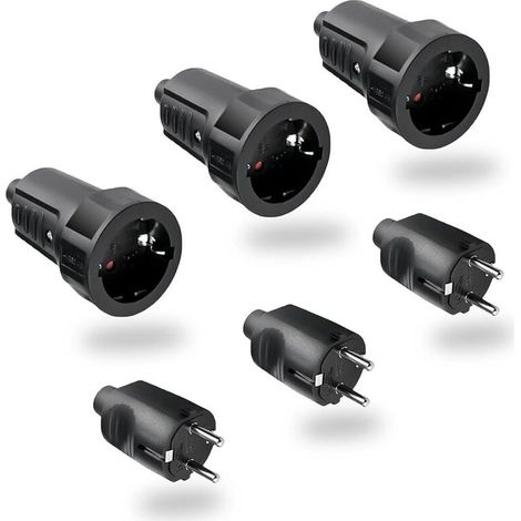 Noir 3 Paires Fiche Male Femelle Etanche Exterieur Prise 250V 6A IP44 Raccord Prise à 2 Broches Pieds Ronds Fiche Prise Electrique Sans Câble (1/4)