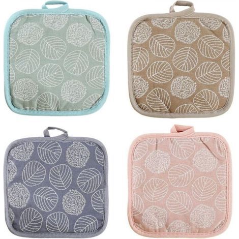 [JAMAIS UTILISÉ] 4 Pcs Maniques Cuisine en Coton et Lin Résistants à la Chaleur avec Trous de Suspension pour Protection de Main et des Surfaces (Motif Feuille) (1/4)