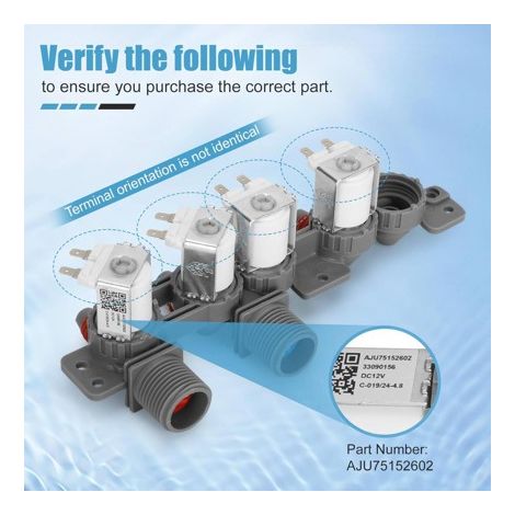 Das Wassereinlass-Magnetventil AJU75152602 (12V DC) ist mit LG Waschmaschinen kompatibel. (1/3)