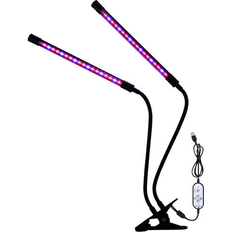 LED-Pflanzenlampe mit zwei Köpfen, blaues und rotes Licht, 4/8/12-Stunden-Timer, 5 Helligkeitsstufen, Klemme, Vollspektrum, verstellbarer Schwanenhals