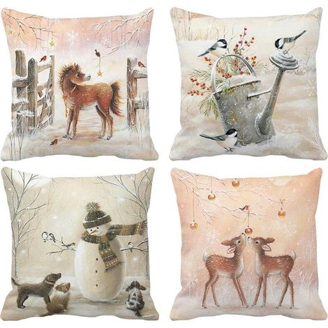 4PCS Taies d'oreiller Animaux Housse de Coussin pour Hiver Noël Nouvel an Bonhomme de Neige Cerf Taie Décorative Sofa Décoration Maison Salon 45 x 45 cm (1/5)