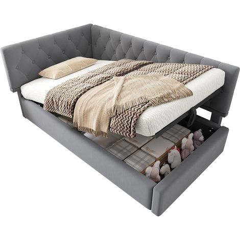 Lit rembourré, lit de jour 90x190 cm, canapé-lit avec coffre hydraulique, lit enfant et adolescent, cadre de lit avec sommier à lattes en bois, velours, gris, sans matelas. (1/5)
