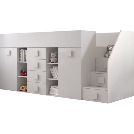 Litera Hartford 366, Blanco + Blanco brillante, Individuales, 90x200, Aglomerado laminado, Somieres, 94x249x124cm (1/4)