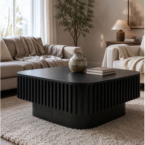Mesa de centro con almacenamiento oculto, tapa abatible, MDF y chapa de madera, negro (1/5)