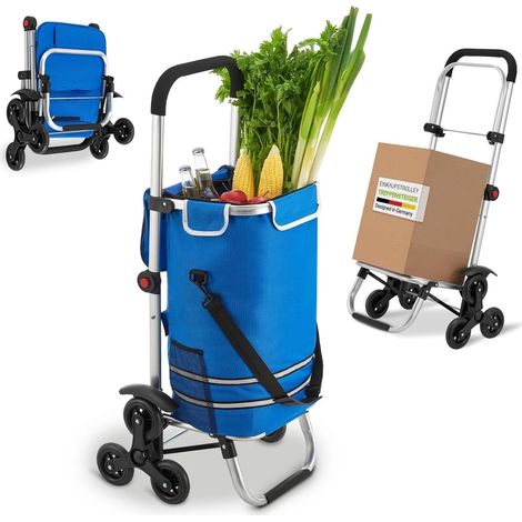 2-in-1-Einkaufstrolley, faltbarer Aluminiumrahmen, 56 Liter Fassungsvermögen, Rollwagen für Treppen, Korb und Taschen, Blau