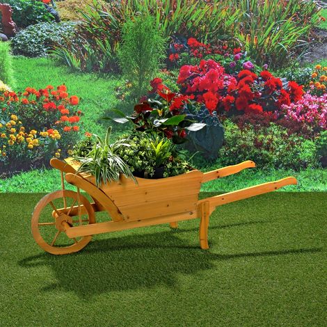 2XGarten Pflanzschubkarre Schubkarre aus Holz Blumenkarre Pflanztrog Blumenkübel (1/5)