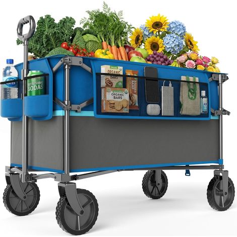 PORTAL Chariot de Jardin Pliable Grand Volume 300L Chariot de Transport Robuste Charge 120kg avec Roues à 360° Remorque Pliante Tout Terrain pour Camping Plage Festival Pique-Nique Bleu (1/5)