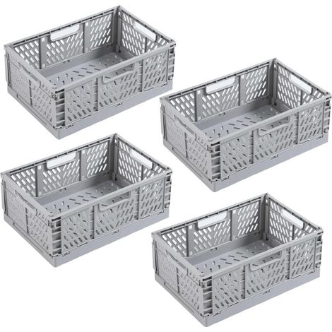 4 Cagette Pliable, Plastique ABS, Poignée Intégrée, Rangement Empilable, Cuisine Bureau Chambre, Gris 30x20x12cm