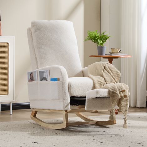 Fauteuil à bascule ergonomique en polaire douce et confortable, avec dossier haut, base en bois incurvée, poche latérale et repose-pieds. Soulage les douleurs dorsales des mamans pendant l'allaitement (1/5)