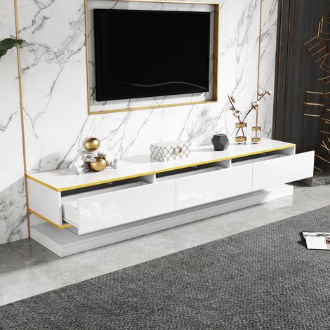 Meuble TV 200x40x40 cm, console basse 3 tiroirs laquée brillante, meuble salon blanc chaud à finitions dorées, grand rangement, table TV sur pieds, design élégant (1/5)