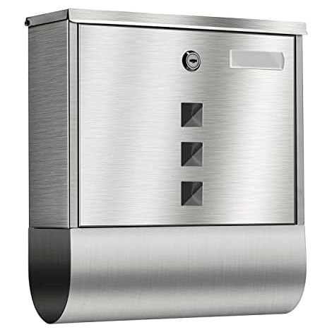Stainless steel mailbox with newspaper section Brushed stainless steel Window Identification plate Incl. fixing material (screws and dowels) and 2 keys Silver