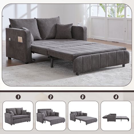 CAIziCanapé chenille gris convertible lit, rangement, USB, porte-gobelets (1/5)