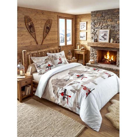 Parure housse de couette Aveillans Blanc 240 x 220 cm – Skieur & Télésiège - 220x240cm - Blanc (1/2)