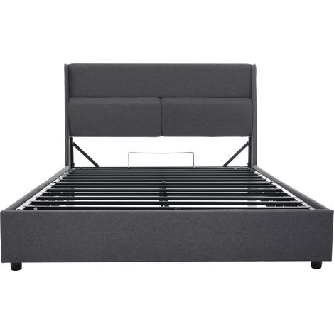 Lit double capitonné 160x200 cm avec têtes de lit réglables, cadre de lit hydraulique avec espace de rangement, lit en lin avec sommier à lattes en métal, gris (sans matelas) (1/5)