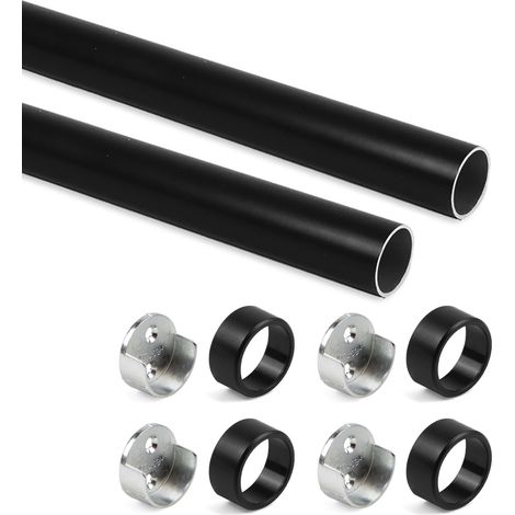 Emuca Satz von 2 runde Korpusschienen D.28mm Länge 0,75m mit Halterungen, Aluminium und Zamak, Schwarz lackiert