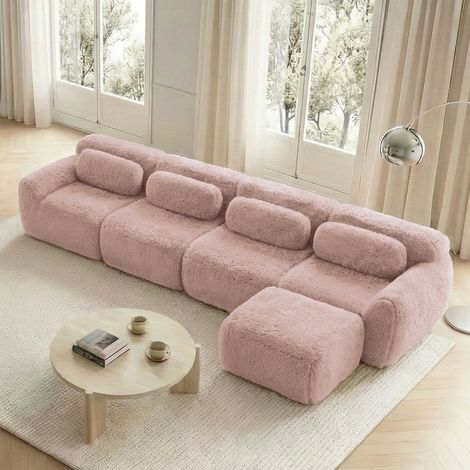 Modulares Ecksofa 4-Sitzer in L-Form, ohne Montage mit Chaiselongue und Kissen, Plüschbezug, Rosa