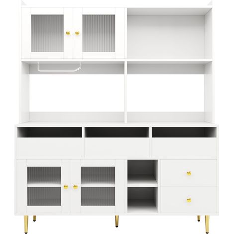 GagaBuffet de salle à manger minimaliste moderne (145 x 39 x 171 cm) avec portes en verre, casiers à vin et rangement multicouche, blanc et détails dorés (1/5)