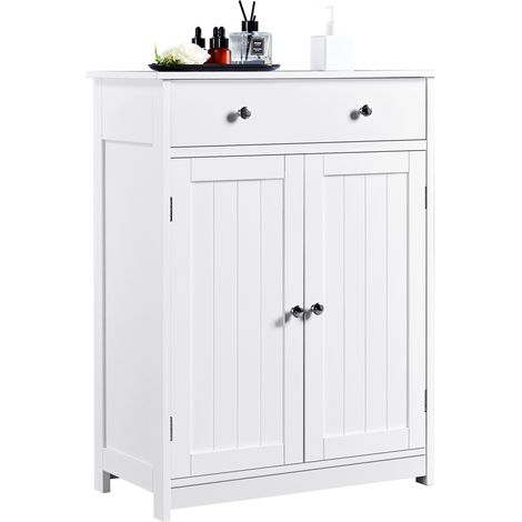 Yaheetech Armadietto da Bagno Autoportante, Mobile da Terra con Ripiano Regolabile 60 x 30 cm × 80 cm, Mobiletto in Legno con 2 Ante e Cassetto, Armadio da Ingresso Portaoggetti Bianco