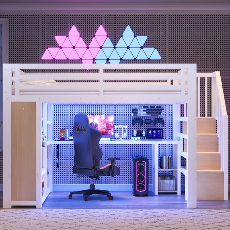 Lit mezzanine 140x200 cm en métal lit adulte enfant avec bureau, LED, USB, dressing ouvert, escalier de rangement, blanc (1/5)