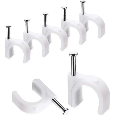 Attaches-câbles, 10 mm, lot de 100, clips à clous blancs ronds, robustes et durables, fixation murale pour câbles. (1/4)