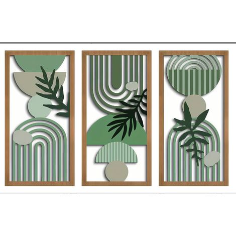 Boho-Wanddeko aus leichtem Holz, 3er-Set abstrakte Gemälde mit Blatt- und geometrischen Mustern, moderne Kunst fürs Wohnzimmer, dekorative Paneele im Ethno-Stil (1/5)