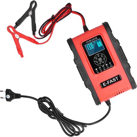 Chargeur de batterie intelligent 12V/12A 24V/6A, 7 étapes avec réparation par impulsions, pour voiture moto bateau, rouge et noir, prise UE 100-240V (1/5)