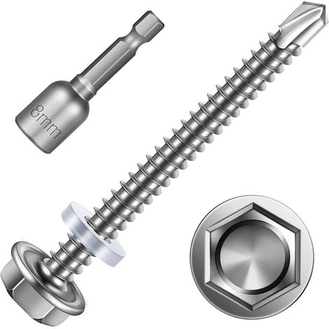 Lot de 25 vis auto-taraudeuses de 6,3 x 75 mm - Vis auto-taraudeuses à tête hexagonale en acier inoxydable - Vis à tôle trapézoïdale avec rondelle d'étanchéité et clé à douille hexagonale (1/5)