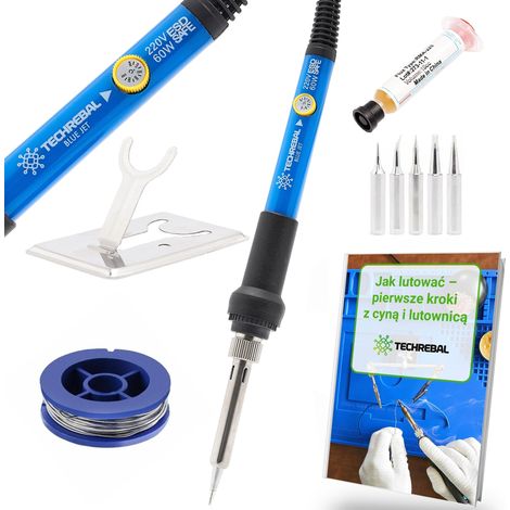 Set di saldatore di precisione Techrebal "Blue Jet" TBJ60W 9 in 1 con potenziometro da 60W (saldatore, 5 punte e flussante, custodia e stagno)