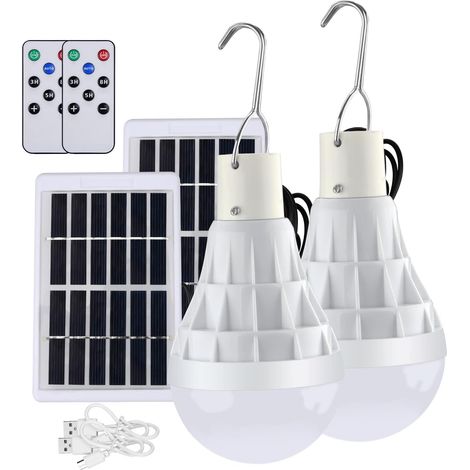 ZOLGINAH 2 juegos de bombillas LED solares con control remoto + cable de 3 m, luces colgantes solares LED 12W 130 lúmenes recargables para exteriores, interiores, tiendas de campaña, pesca, emergencia (1/5)