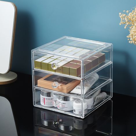 Drawers Boite-Tiroirs, Rangement Salle de Bain en Plastique Avec 3 Tiroirs, Boite Rangement pour Cosmétiques Ou Accessoires de Bureau, Transparent