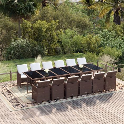 Ensemble Table et Chaise de Jardin 13 pcs - Ensemble à dîner de jardin coussins Résine tressée Marron BV489748 - BonneVie (1/5)