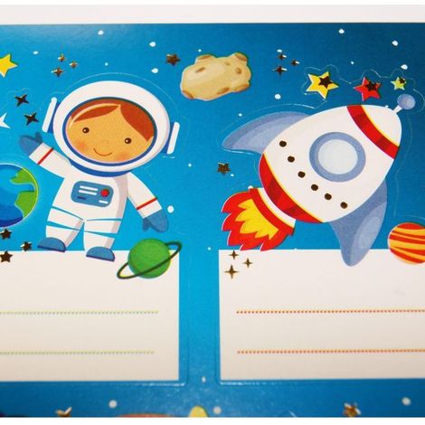 16 étiquettes adhésives scolaires - Rectangle - Astronautes dans l'espace - Dorures (1/2)
