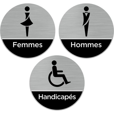 Pictogramme WC.- Adhésif aspect aluminium brossé - Diamètre 76 mm