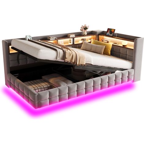 Divano letto 90x200 cm in velluto grigio chiaro con contenitore idraulico e LED - CHICFURN (1/5)