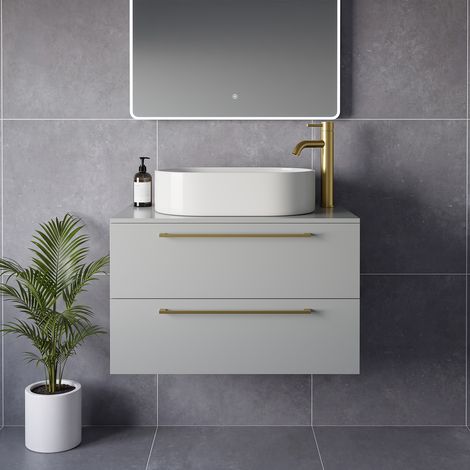 Napoli 460 Gloss Grey Pearl 800mm Wall Mounted 2 Drawer Vanity Unit for Countertop Basins - 800mm - Brushed Brass 480mm Handle