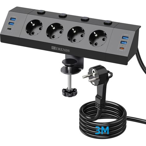 Multiprise multi-prise ue avec dispositif de serrage de bureau, prise annulaire de traction, 4 ports USB-A et 2 ports USB-C, interrupteur à commande unique, câble de 3 m, Noir